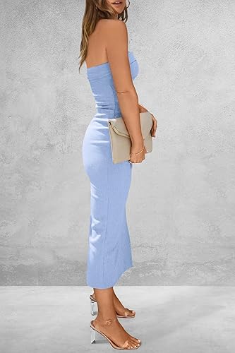 Women's Strapless Ribbed Bodycon Maxi Dress – Side Slit Summer Party Dress