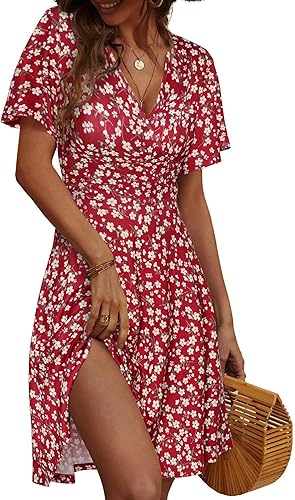 Women's Floral Wrap Midi Dress – Summer V-Neck A-Line Sundress with Short Sleeves