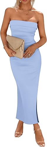 Women's Strapless Ribbed Bodycon Maxi Dress – Side Slit Summer Party Dress