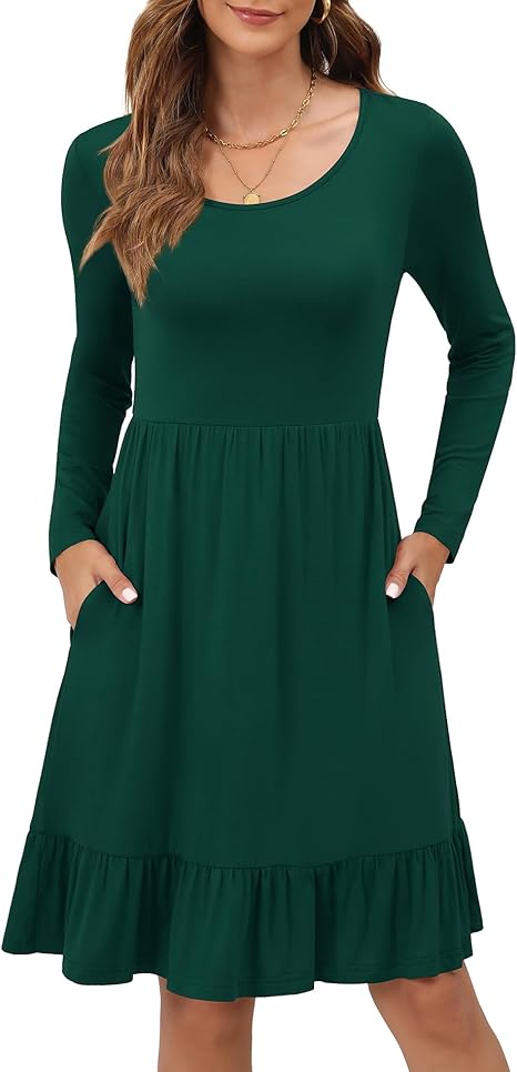 Women’s Long Sleeve Knee Length Pleated Dress Round Neck Casual Fall Outfit w/ Pockets 2025