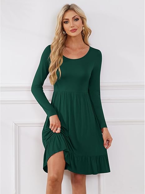 Women’s Long Sleeve Knee Length Pleated Dress Round Neck Casual Fall Outfit w/ Pockets 2025