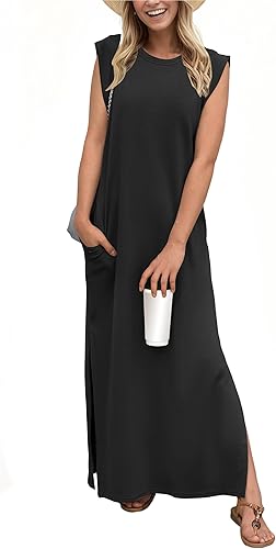 Casual Maxi Dress 2025 Round Neck Split Long Dress w/ Pockets