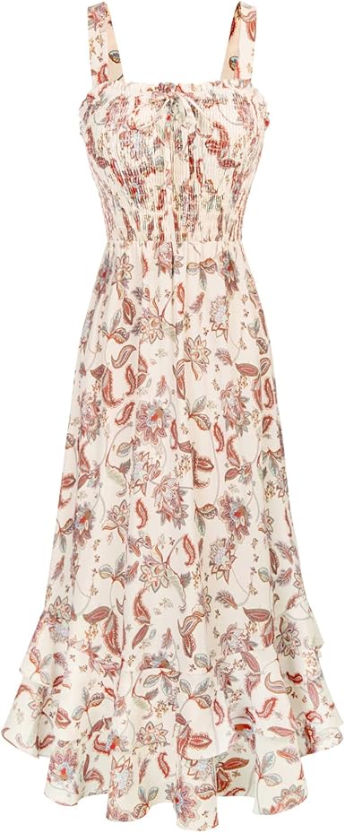 Floral Boho Maxi Dress Square Neck A-Line Sundress 2025