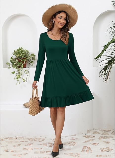 Women’s Long Sleeve Knee Length Pleated Dress Round Neck Casual Fall Outfit w/ Pockets 2025