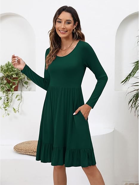 Women’s Long Sleeve Knee Length Pleated Dress Round Neck Casual Fall Outfit w/ Pockets 2025