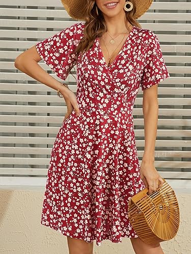 Women's Floral Wrap Midi Dress – Summer V-Neck A-Line Sundress with Short Sleeves