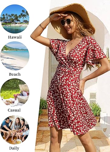 Women's Floral Wrap Midi Dress – Summer V-Neck A-Line Sundress with Short Sleeves