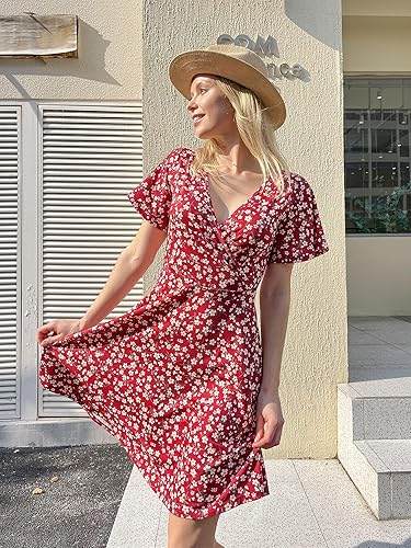 Women's Floral Wrap Midi Dress – Summer V-Neck A-Line Sundress with Short Sleeves