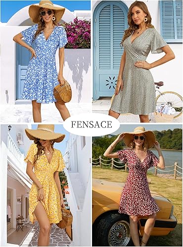 Women's Floral Wrap Midi Dress – Summer V-Neck A-Line Sundress with Short Sleeves
